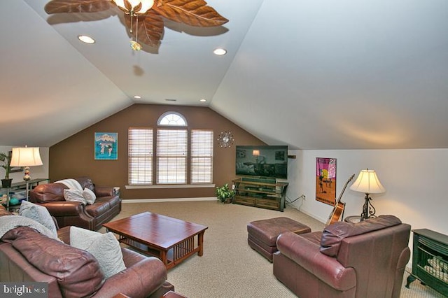 carpeted living area with recessed lighting, baseboards, and lofted ceiling