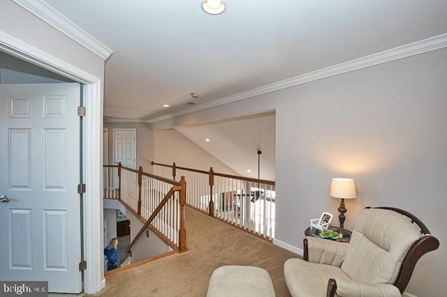 living area featuring carpet, baseboards, lofted ceiling, recessed lighting, and ornamental molding