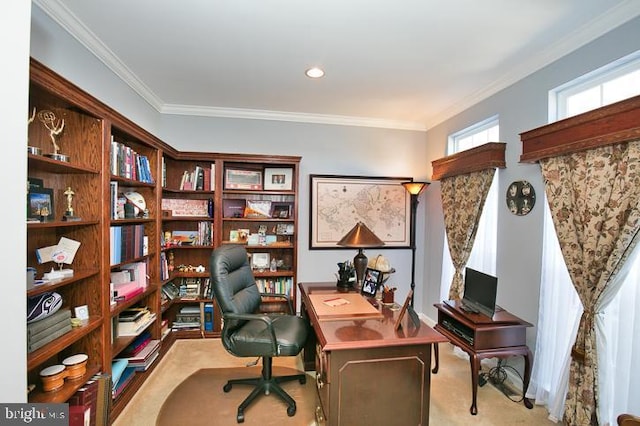 carpeted home office with ornamental molding