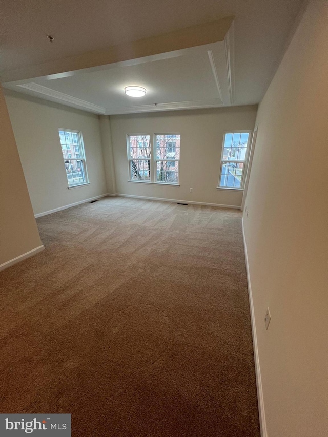 unfurnished room featuring a wealth of natural light, light colored carpet, and baseboards