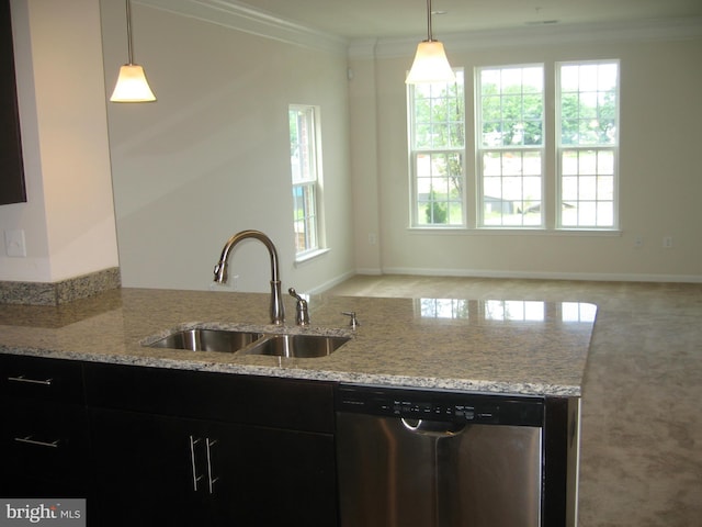 kitchen featuring a sink, dishwasher, ornamental molding, and dark cabinets