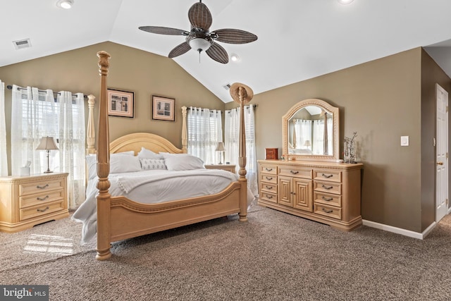 bedroom featuring visible vents, ceiling fan, baseboards, carpet, and lofted ceiling