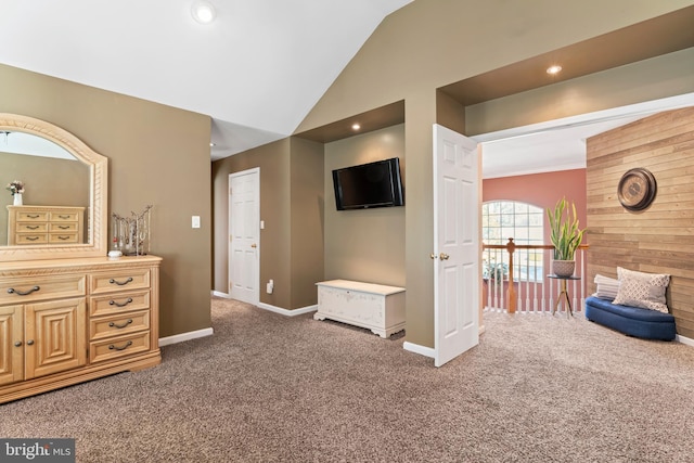 interior space featuring recessed lighting, high vaulted ceiling, and baseboards