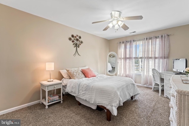 bedroom with a ceiling fan, carpet flooring, baseboards, and visible vents