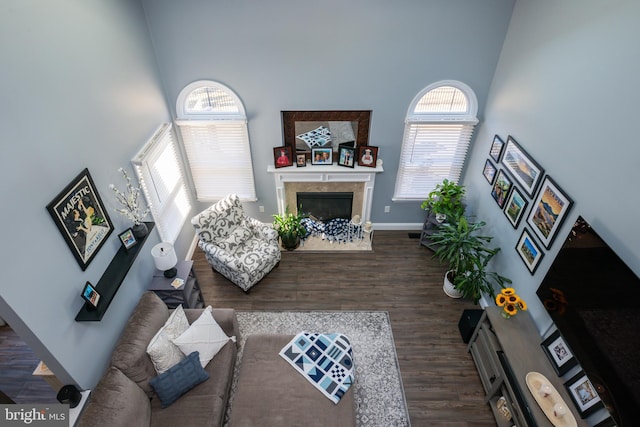 living area with a fireplace, a high ceiling, baseboards, and wood finished floors