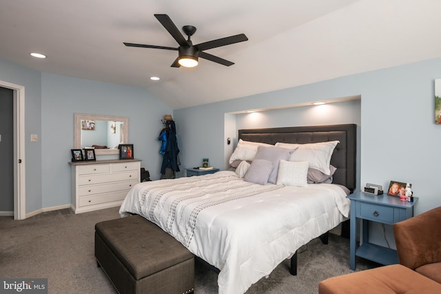 carpeted bedroom featuring lofted ceiling, recessed lighting, baseboards, and ceiling fan