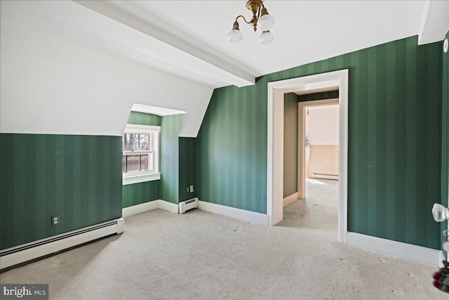 bonus room with carpet, baseboards, wallpapered walls, a baseboard heating unit, and baseboard heating