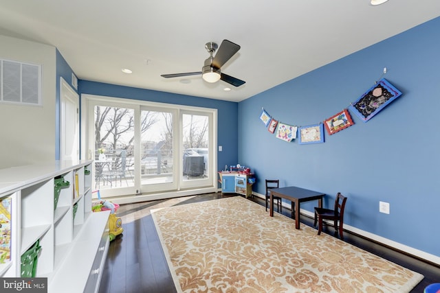 recreation room with recessed lighting, visible vents, baseboards, and wood finished floors