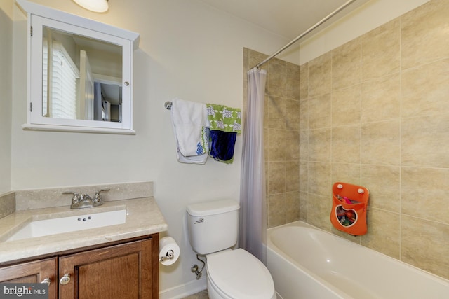 bathroom featuring shower / bathtub combination with curtain, toilet, and vanity