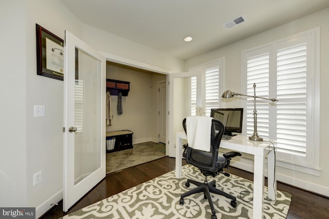 office area featuring visible vents, wood finished floors, recessed lighting, french doors, and baseboards