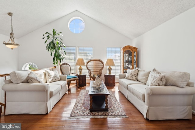 living room featuring hardwood / wood-style flooring, high vaulted ceiling, a healthy amount of sunlight, and a textured ceiling