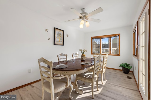 dining room with visible vents, baseboards, light wood-style floors, and a ceiling fan