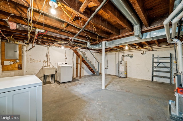 unfinished basement featuring electric panel, washer / clothes dryer, water heater, and a sink