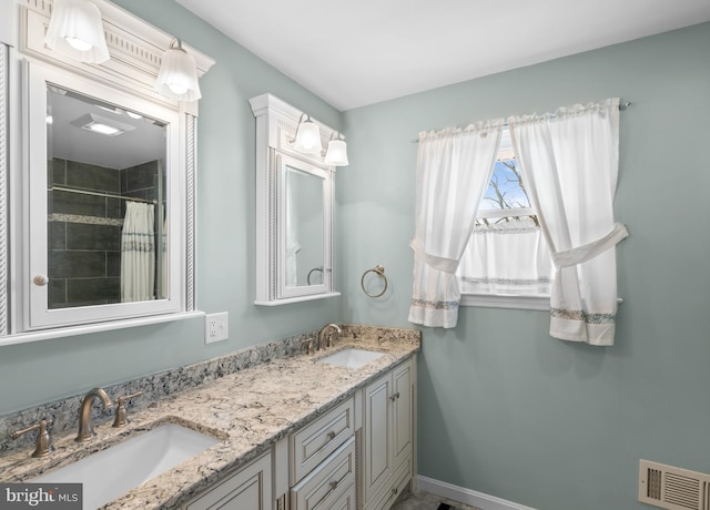 bathroom featuring double vanity, visible vents, baseboards, and a sink