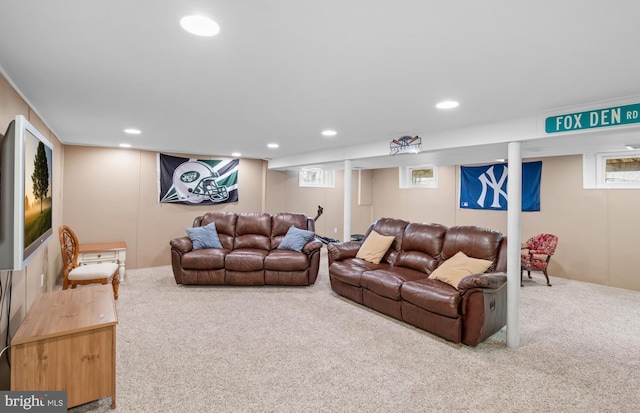 carpeted living room featuring recessed lighting and plenty of natural light