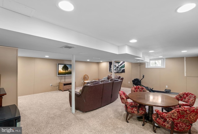 carpeted living room featuring recessed lighting and visible vents