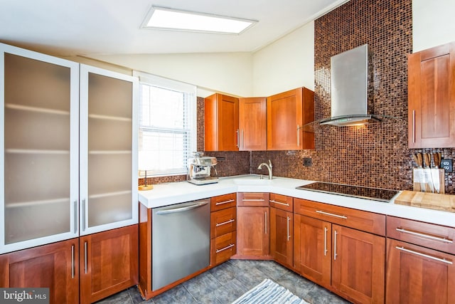 kitchen featuring black electric stovetop, dishwasher, lofted ceiling, decorative backsplash, and wall chimney exhaust hood