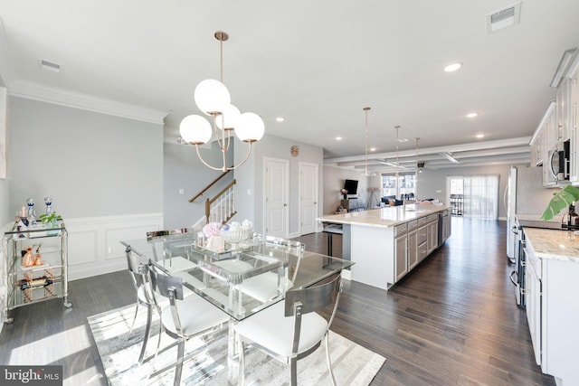 dining space with visible vents, a wainscoted wall, ceiling fan with notable chandelier, dark wood-style floors, and recessed lighting