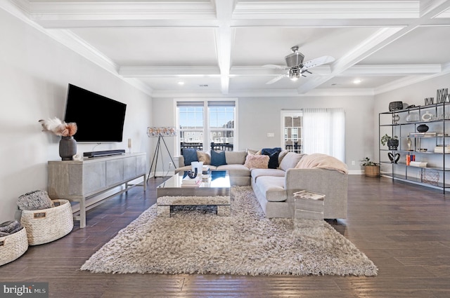 living room with baseboards, coffered ceiling, dark wood finished floors, beam ceiling, and ceiling fan