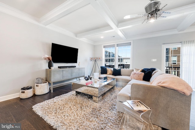 living area featuring baseboards, beam ceiling, coffered ceiling, and wood finished floors