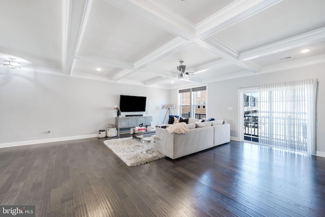 living area with beamed ceiling, baseboards, dark wood-style flooring, and coffered ceiling