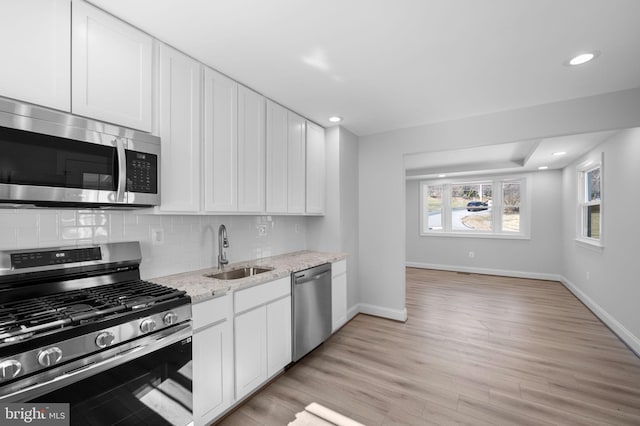 kitchen with a sink, light wood-style floors, appliances with stainless steel finishes, white cabinetry, and tasteful backsplash