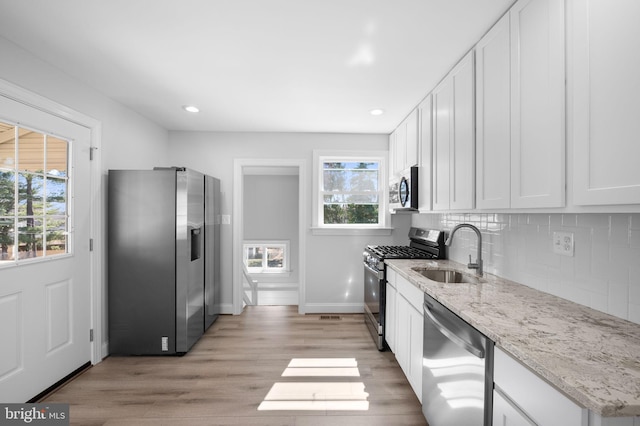 kitchen with light wood-style flooring, a sink, stainless steel appliances, white cabinets, and backsplash