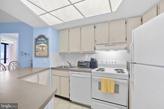 kitchen featuring under cabinet range hood, white appliances, tasteful backsplash, and a sink