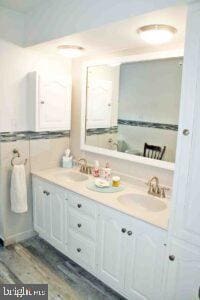 full bathroom with a sink, wood finished floors, and double vanity