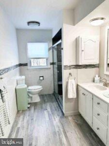 bathroom featuring toilet, wood finished floors, tile walls, a shower stall, and vanity