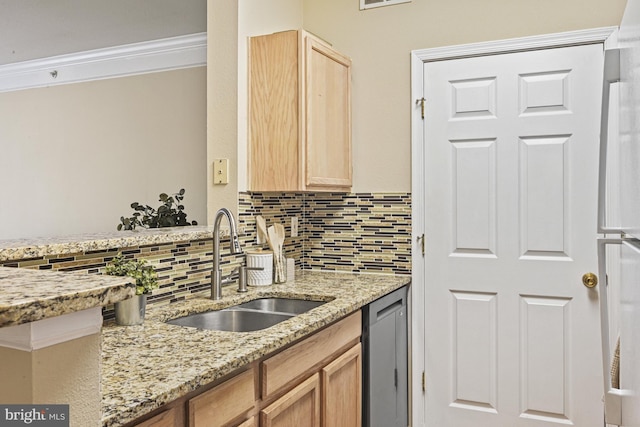 kitchen featuring a sink, decorative backsplash, ornamental molding, and light brown cabinets