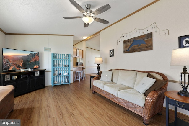 living room with a textured ceiling, a ceiling fan, light wood-type flooring, and ornamental molding