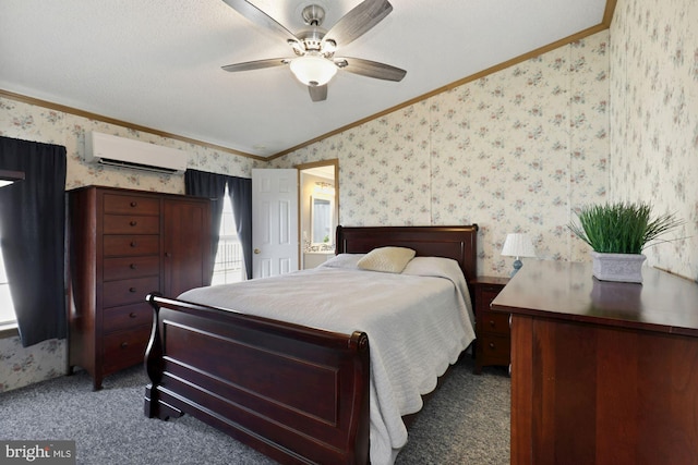 carpeted bedroom featuring an AC wall unit, ornamental molding, a ceiling fan, and wallpapered walls