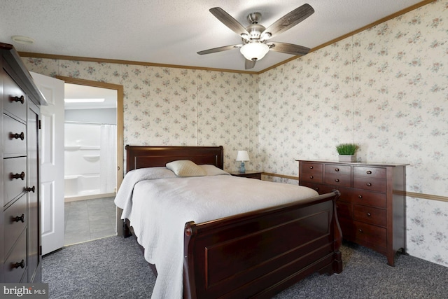 bedroom with wallpapered walls, ornamental molding, dark colored carpet, and a textured ceiling