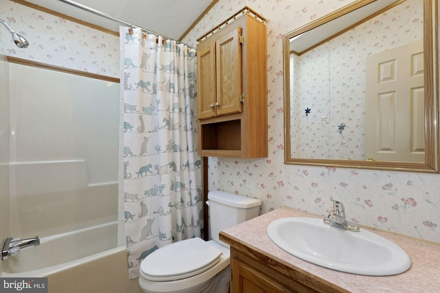 full bath featuring toilet, shower / bath combination with curtain, vanity, and wallpapered walls