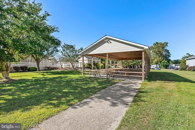 view of community with a yard and fence