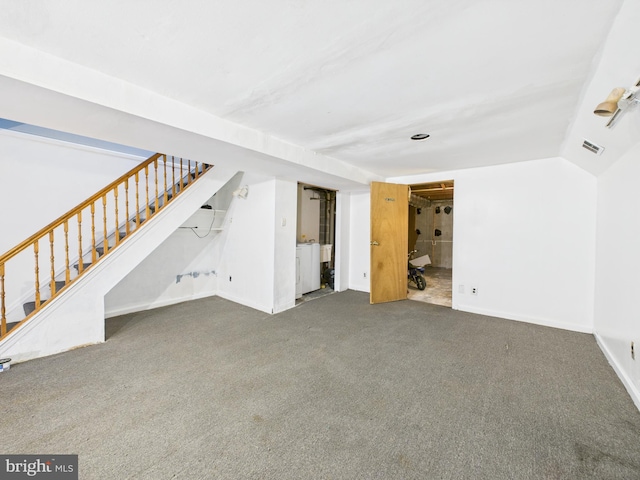 unfurnished living room featuring baseboards, visible vents, carpet floors, stairs, and vaulted ceiling