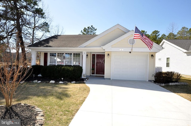 ranch-style house featuring a garage, concrete driveway, a front yard, and a shingled roof