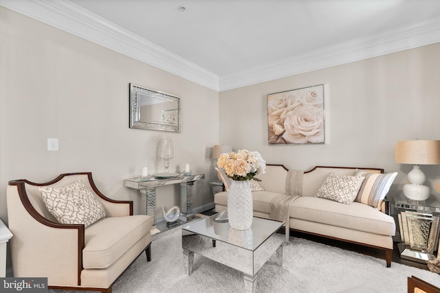 living area with ornamental molding