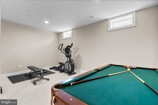 rec room featuring billiards, carpet flooring, baseboards, and visible vents