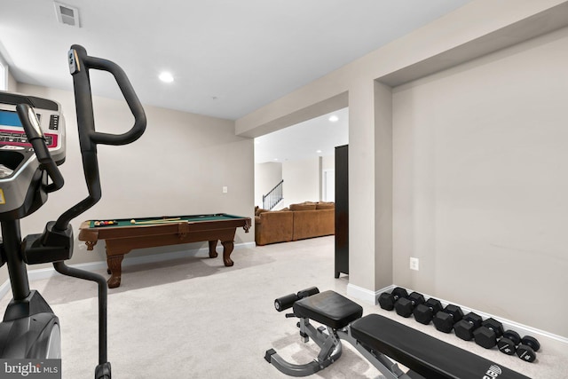 exercise room with recessed lighting, visible vents, baseboards, and carpet flooring