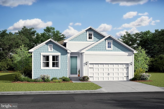 view of front of property with concrete driveway, an attached garage, and a front lawn