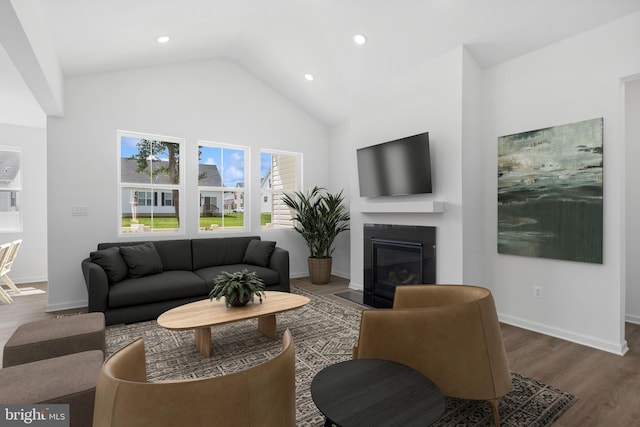 living room with a fireplace with flush hearth, wood finished floors, and baseboards