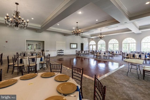 dining room featuring recessed lighting, beamed ceiling, a notable chandelier, and a healthy amount of sunlight