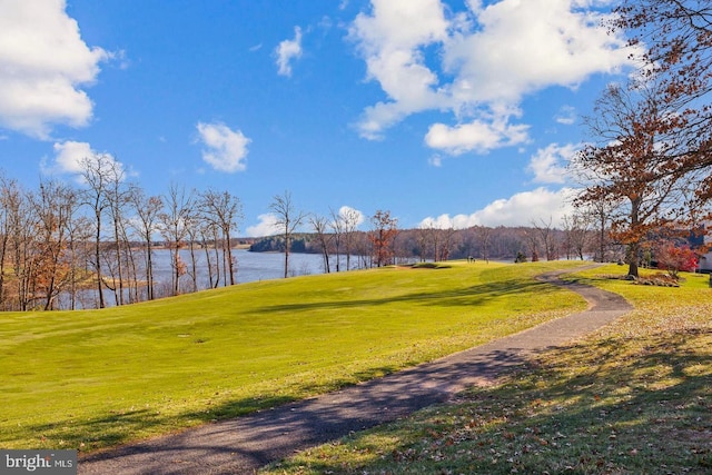 view of home's community with a yard and a water view