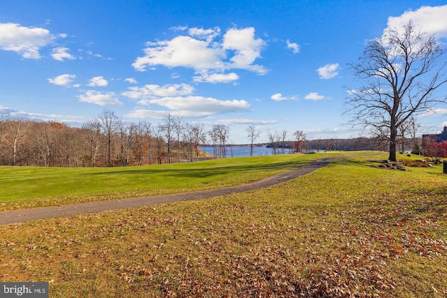 view of community with a water view and a lawn