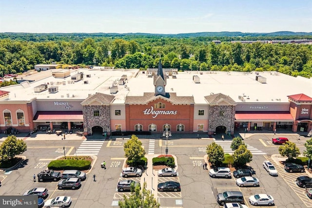 aerial view featuring a wooded view