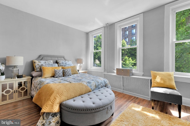 bedroom with radiator and wood finished floors