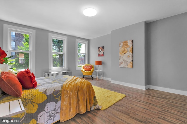 bedroom with multiple windows, baseboards, radiator, and wood finished floors