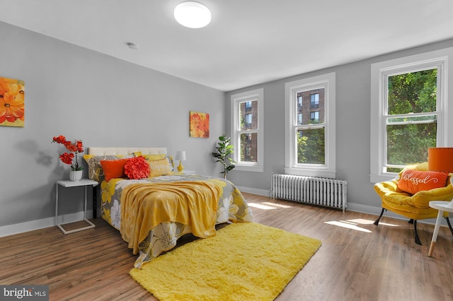 bedroom with baseboards, radiator, and wood finished floors